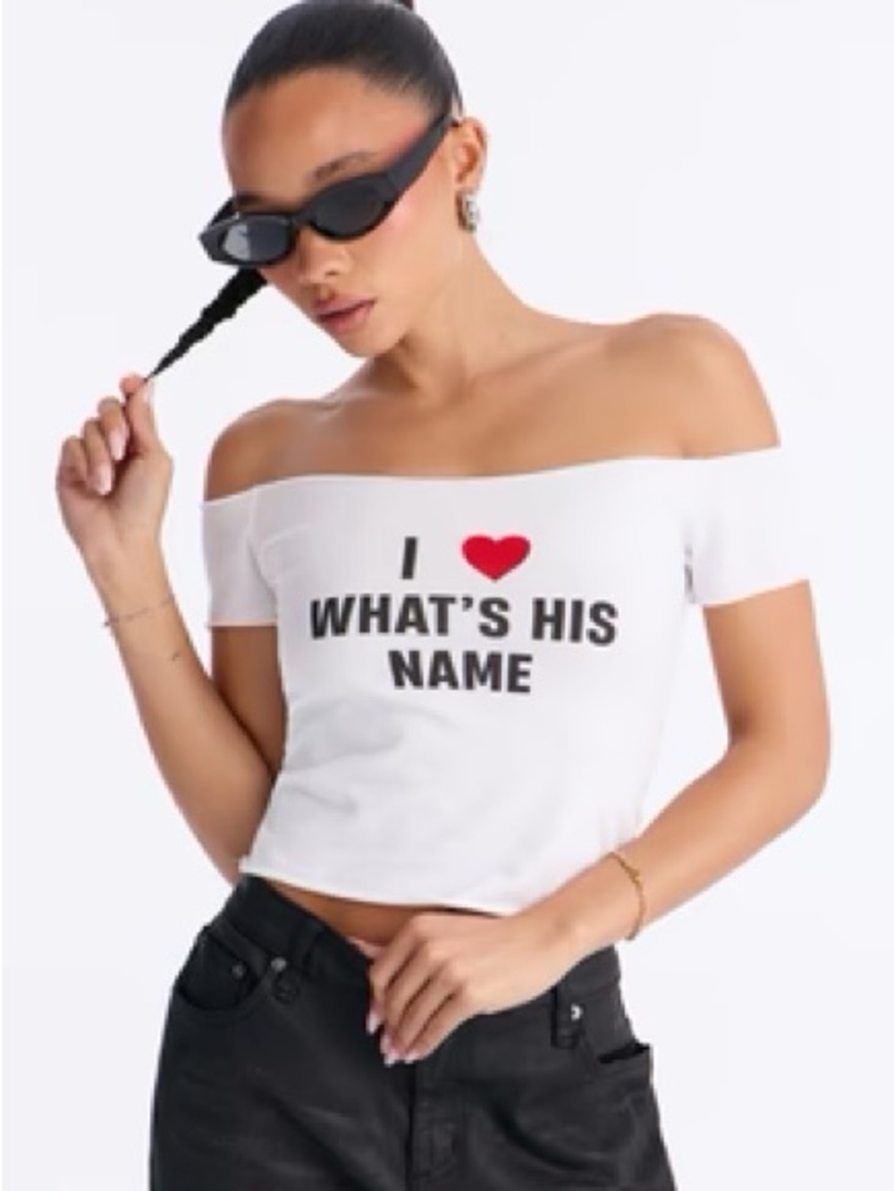 Fashion Nova White Off-Shoulder Crop Top with Red Heart Graphic